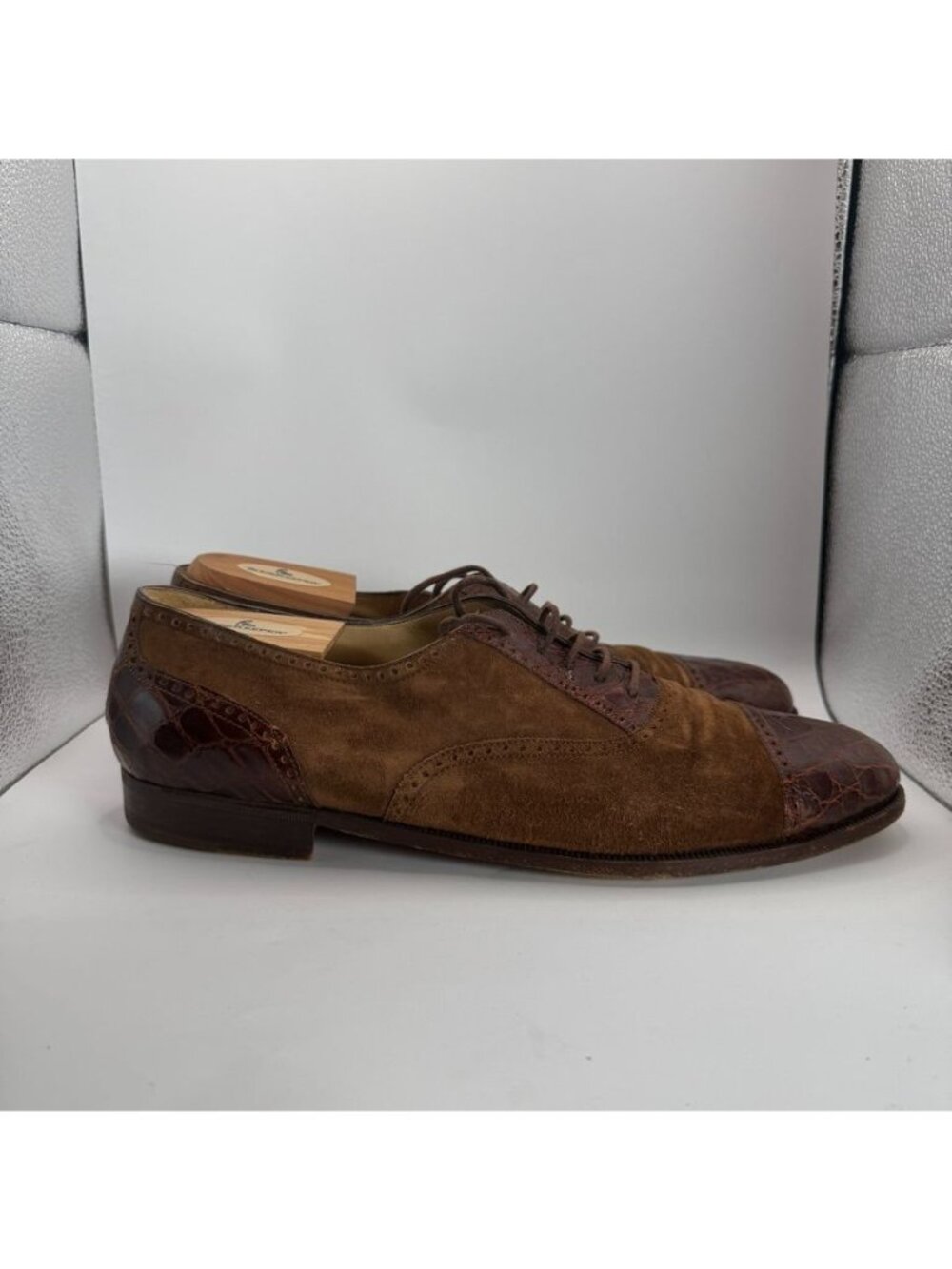 Vintage Bragano Cole Haan Oxford Shoes Mens 12 D Brown Suede Crocodile Leather